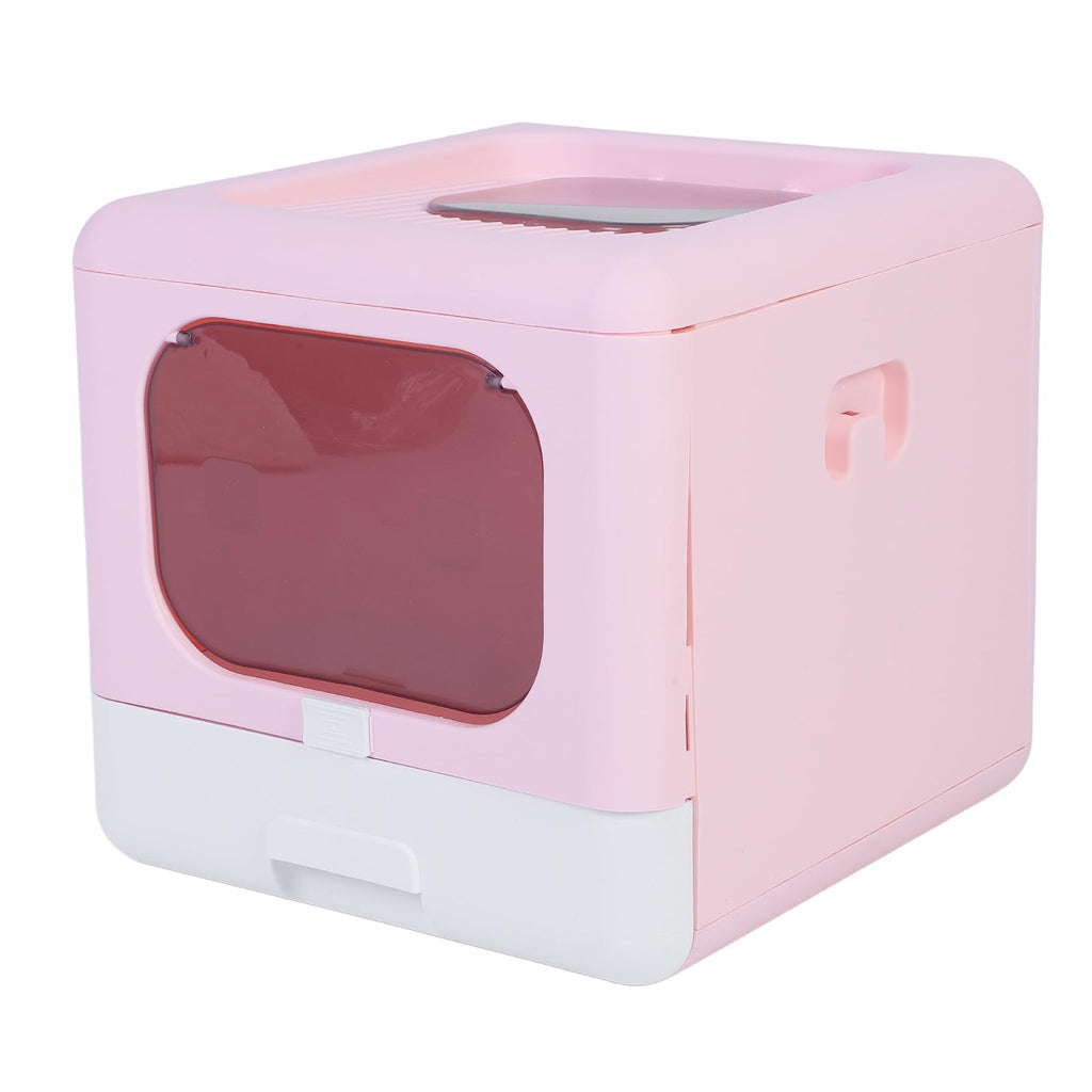 Foldable Top Entry Cat Litter Box with Lid and Scoop Large Size Pink W7443