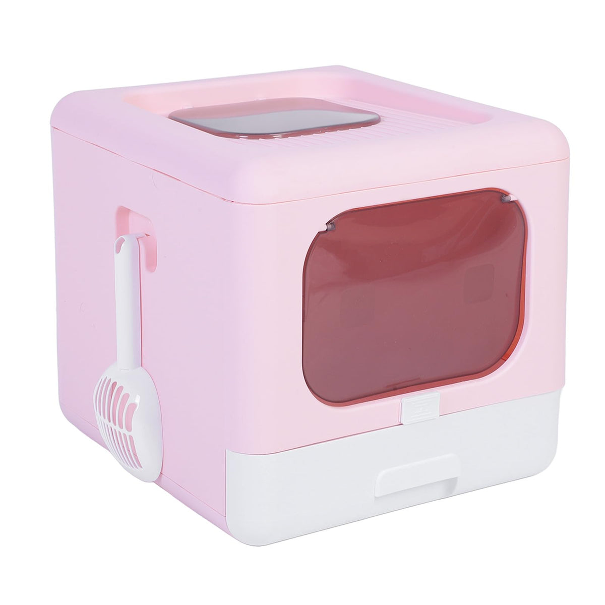 Foldable Top Entry Cat Litter Box with Lid and Scoop Large Size Pink W7443