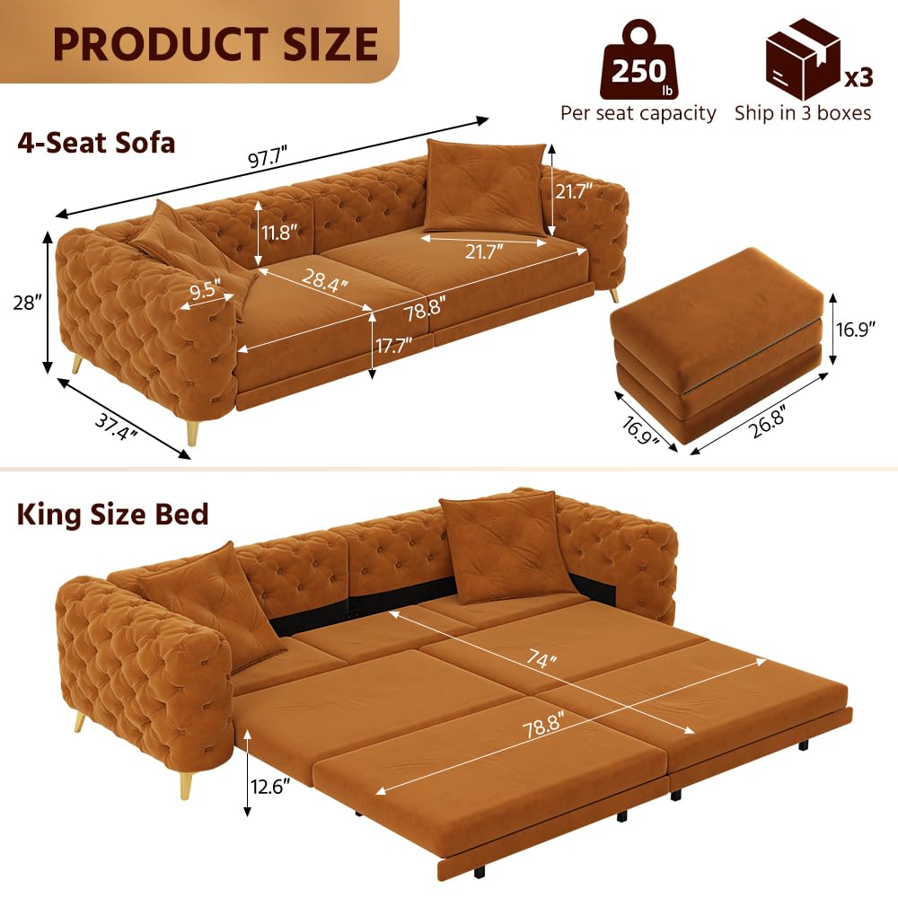 Orange Velvet Convertible Sleeper Sofa with Ottoman Y25792
