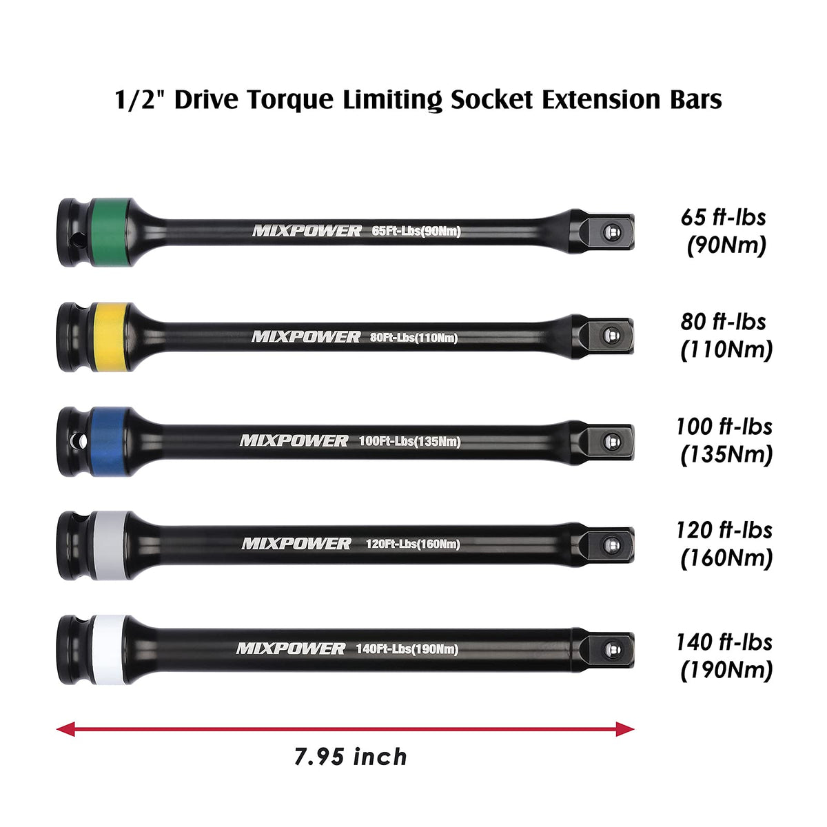 5 Piece 1/2" Drive Torque Limiting Socket Extension Bars P8238
