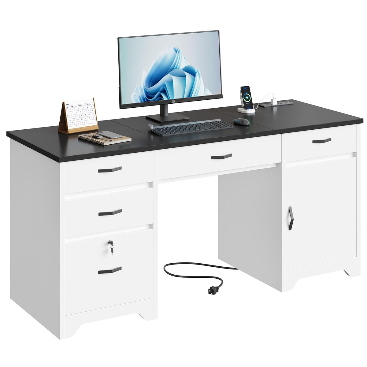 White Office Desk with Lockable Drawers and Charging Station B223