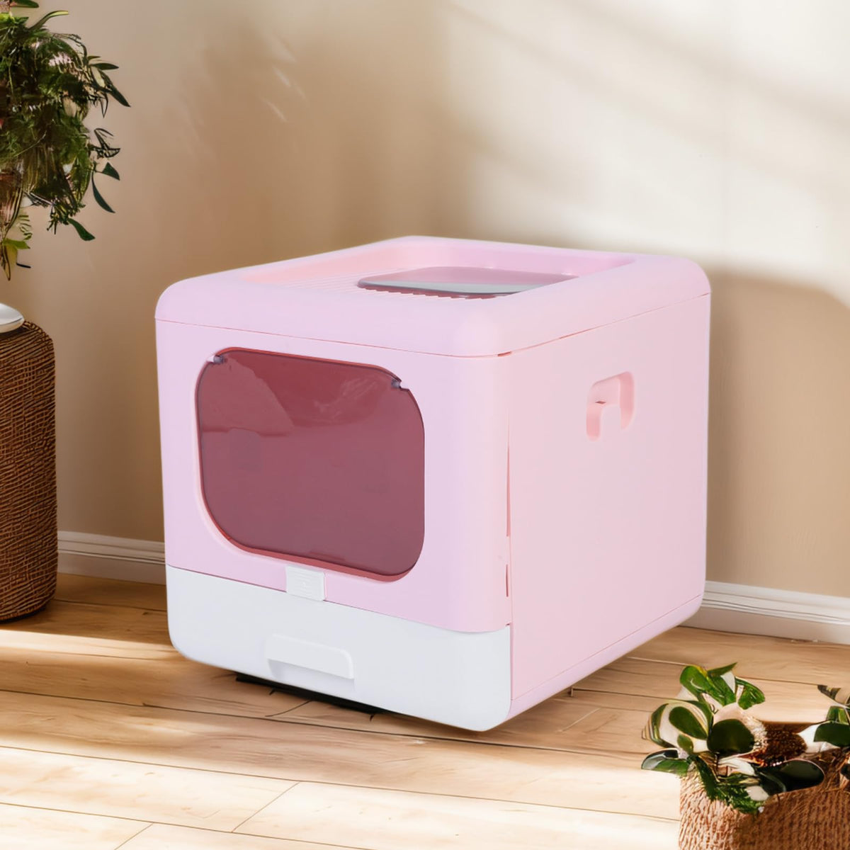 Foldable Top Entry Cat Litter Box with Lid and Scoop Large Size Pink W7443
