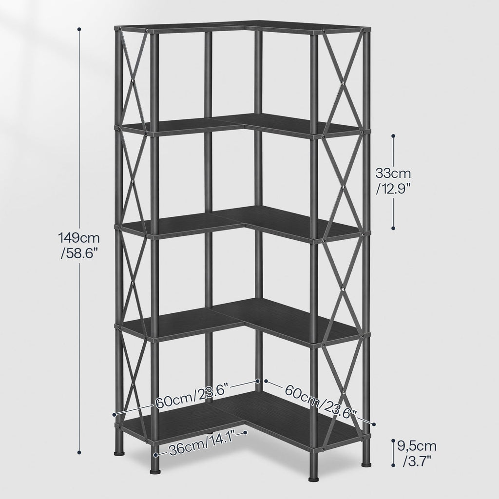 Black 5-Tier L-Shaped Corner Bookshelf X80751