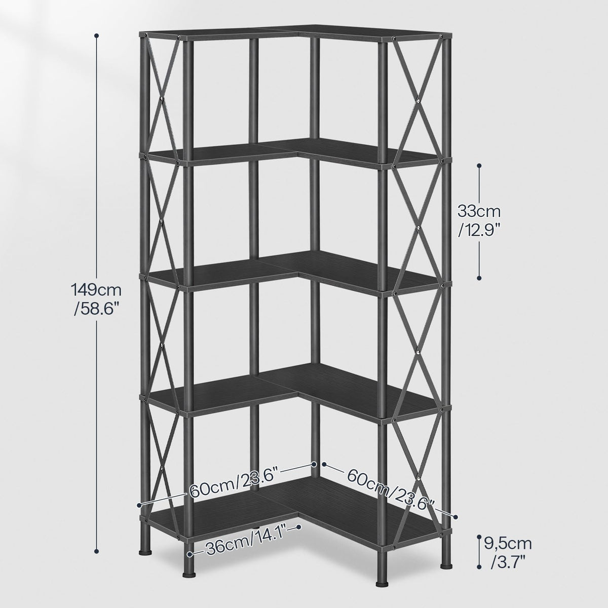 Black 5-Tier L-Shaped Corner Bookshelf X80751