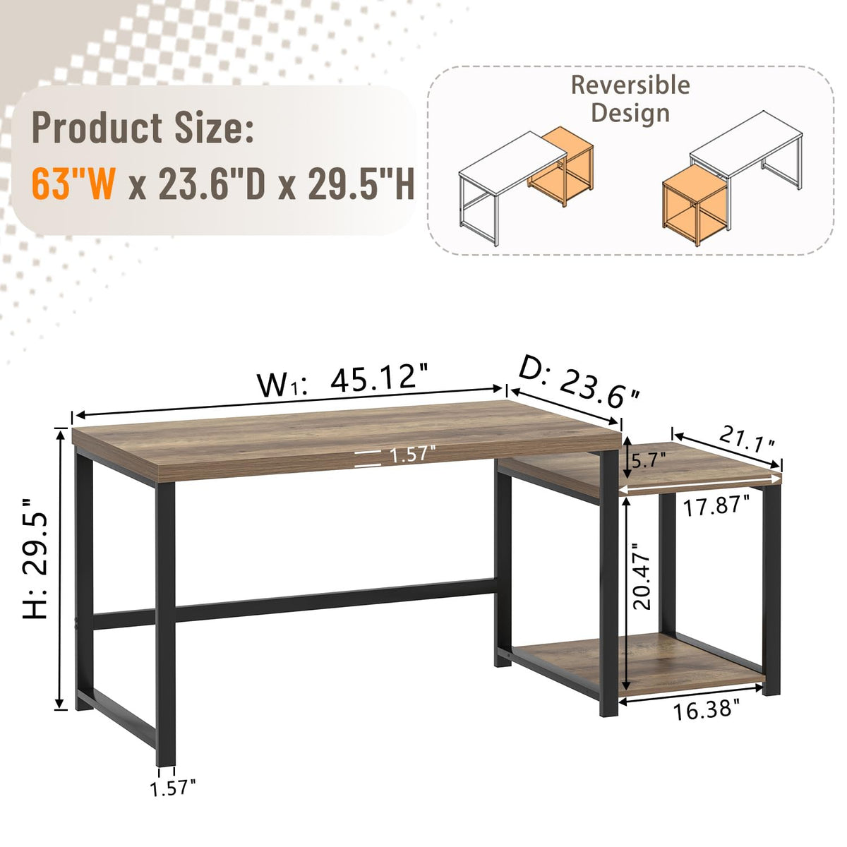 63 Inch Wood Computer Desk with Storage Shelves V77425