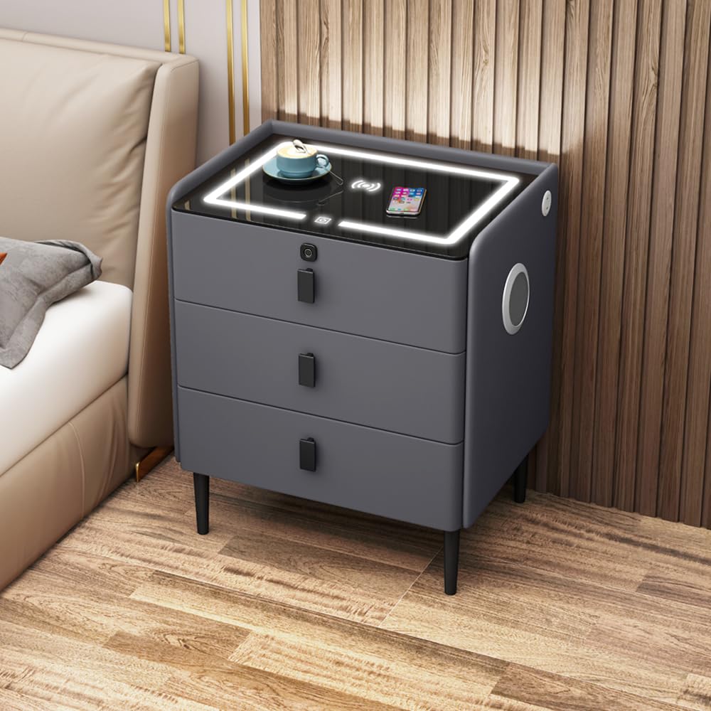 Gray 3 Tier Nightstand with Wireless Charging and Fingerprint Lock J1447