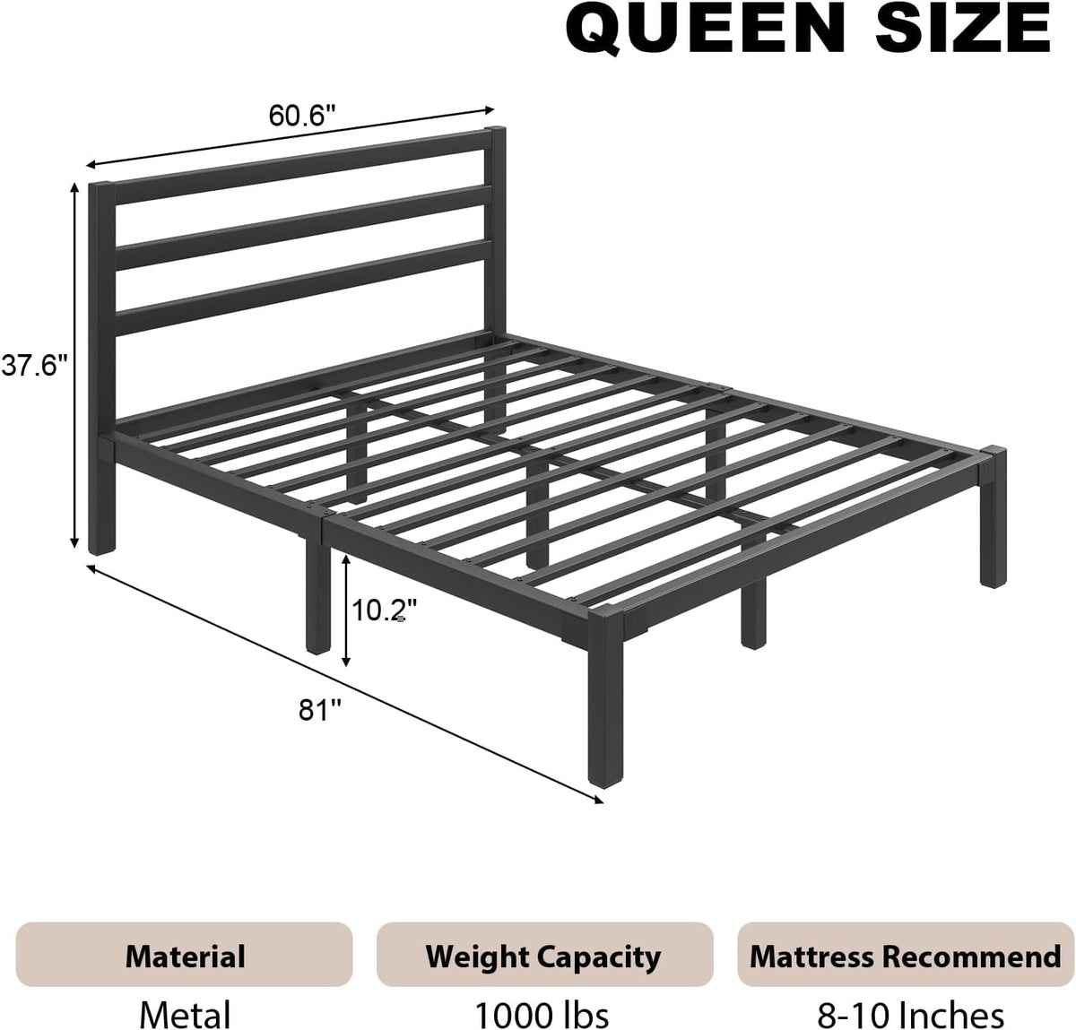 Queen Metal Platform Bed Frame with Headboard U8524
