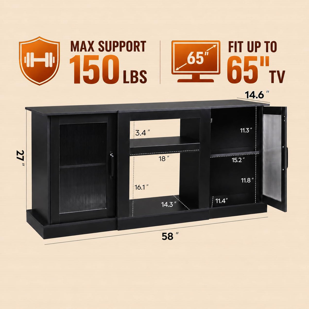 Black 58" TV Stand with Storage Cabinets and Adjustable Shelves A9714