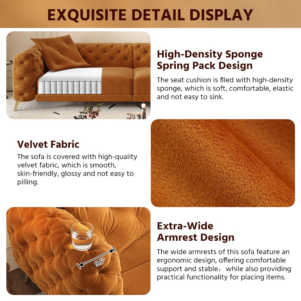 Orange Velvet Convertible Sleeper Sofa with Ottoman Y25792