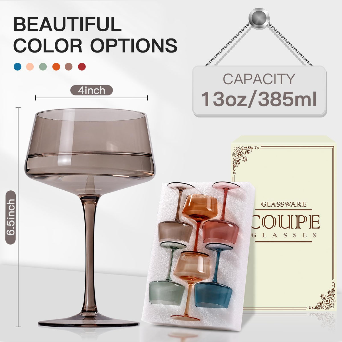 Colored Coupe Glasses Set of 6, Hand Blown 13Oz Z3520