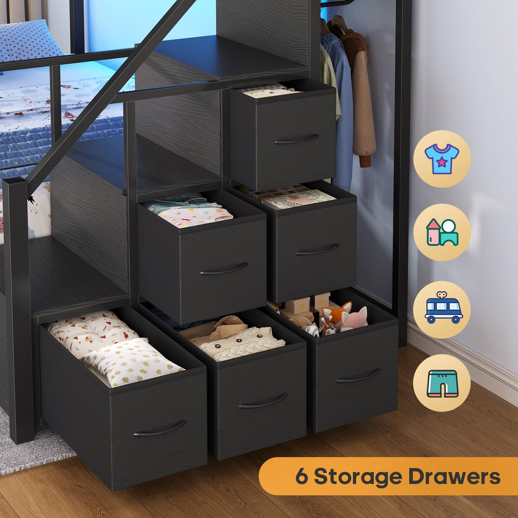 Twin Over Twin Bunk Bed with Trundle, Stairs, 6 Drawers, LED Lights O155559