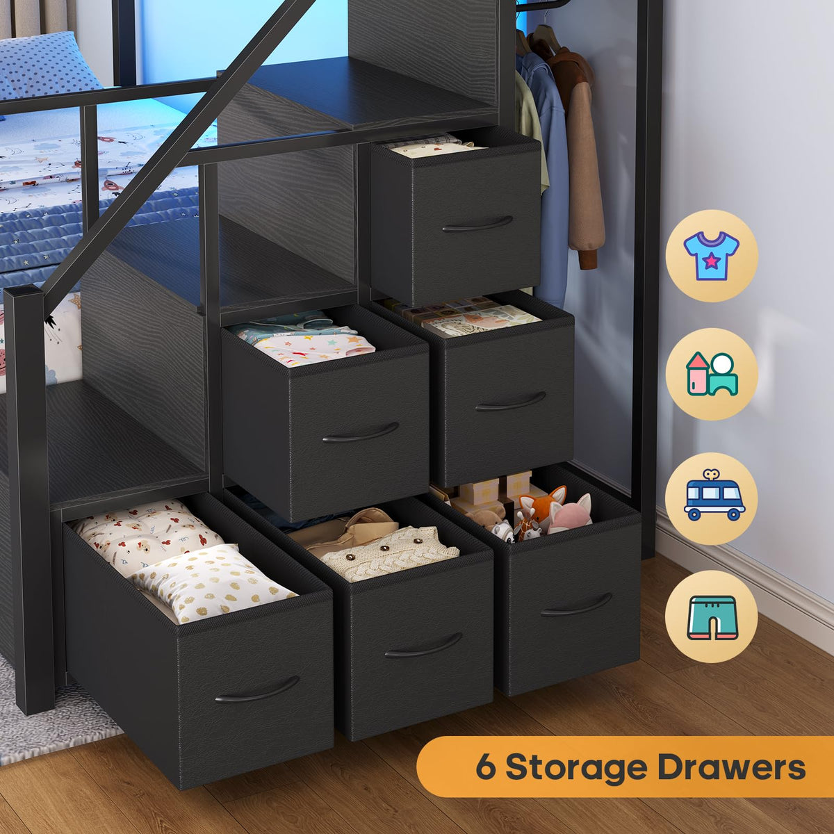 Twin Over Twin Bunk Bed with Trundle, Stairs, 6 Drawers, LED Lights O155559