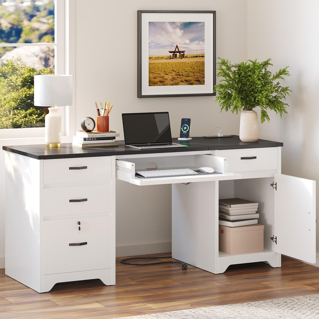 White Office Desk with Lockable Drawers and Charging Station B223