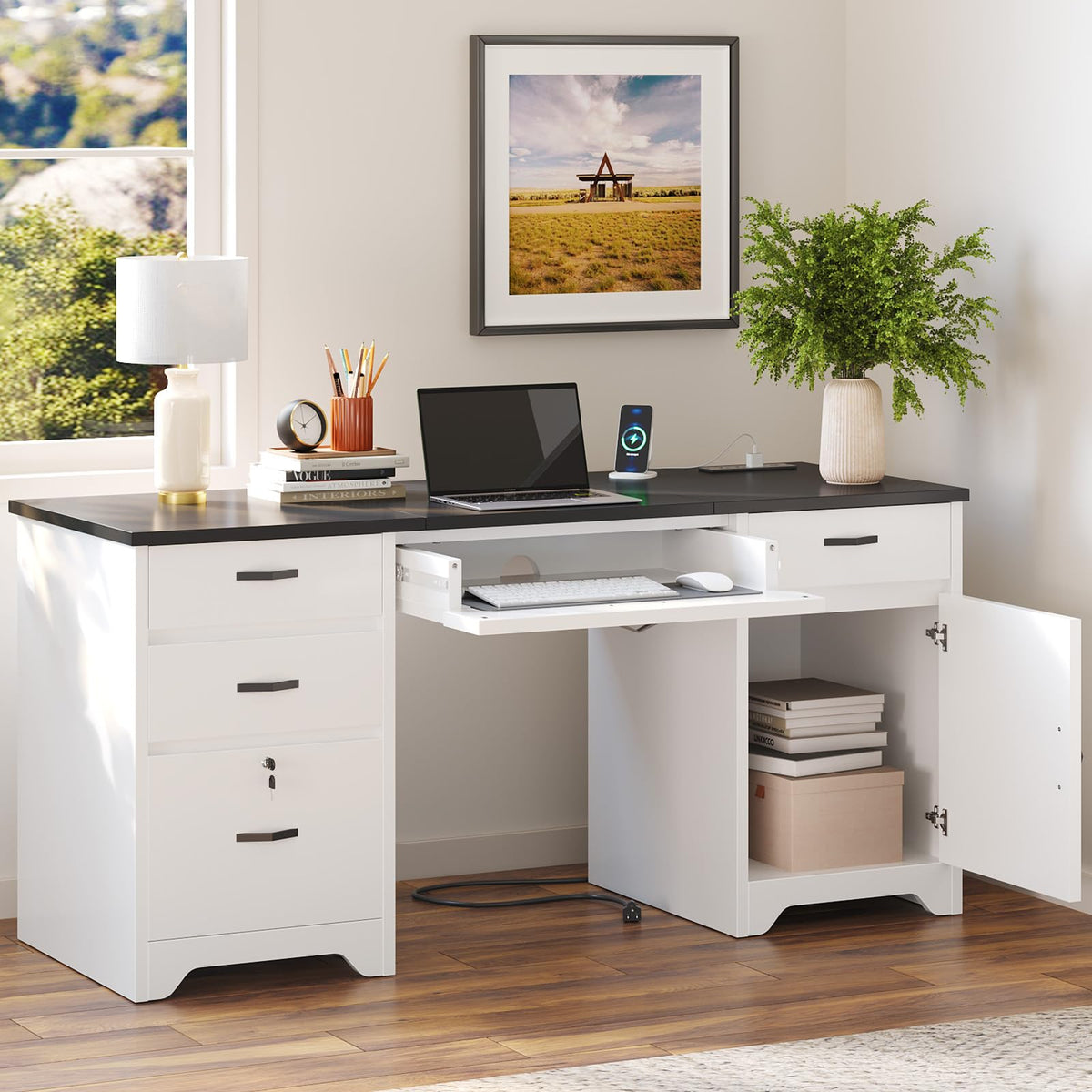 White Office Desk with Lockable Drawers and Charging Station B223