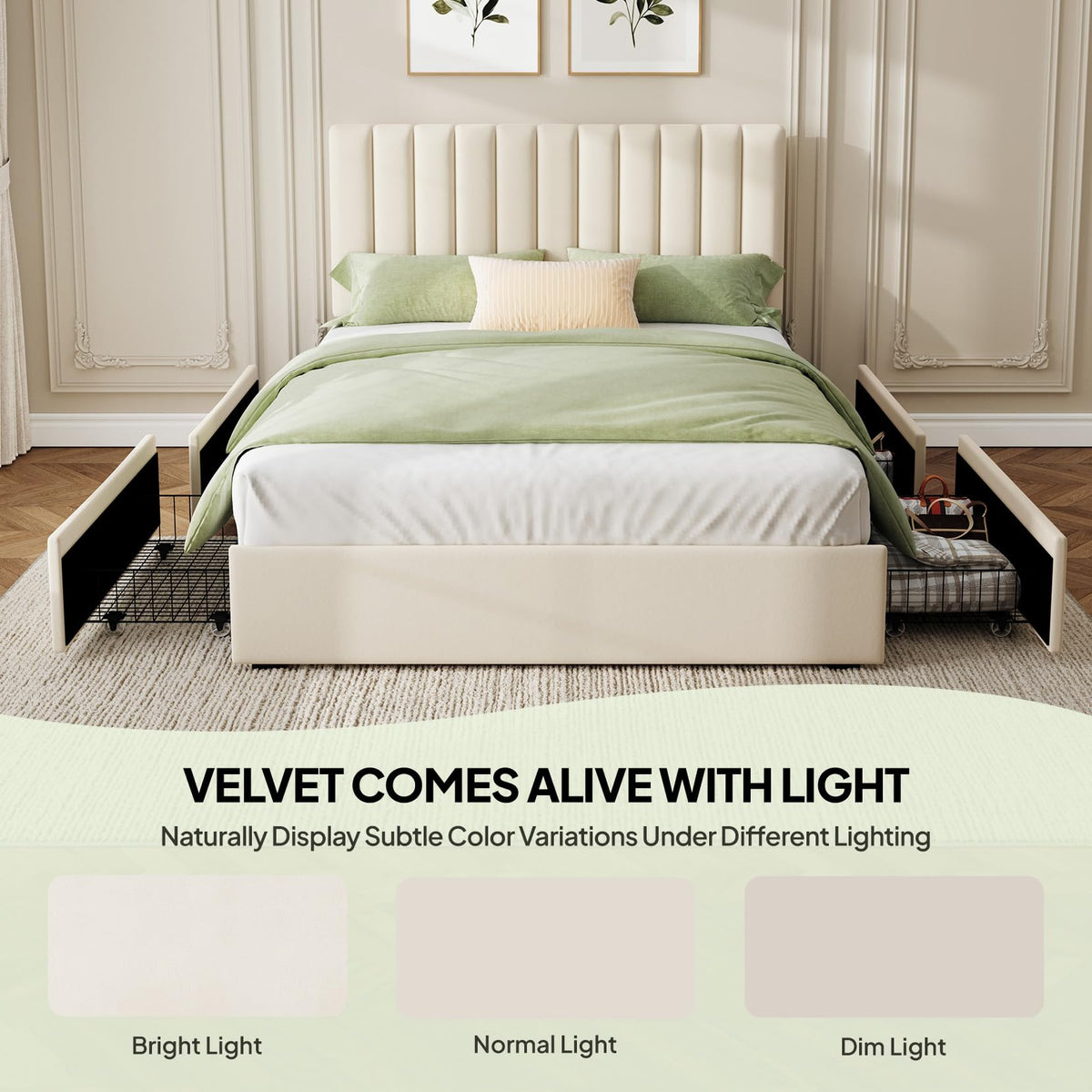 White Full Size Upholstered Bed Frame with Headboard & 4 Drawers K72087