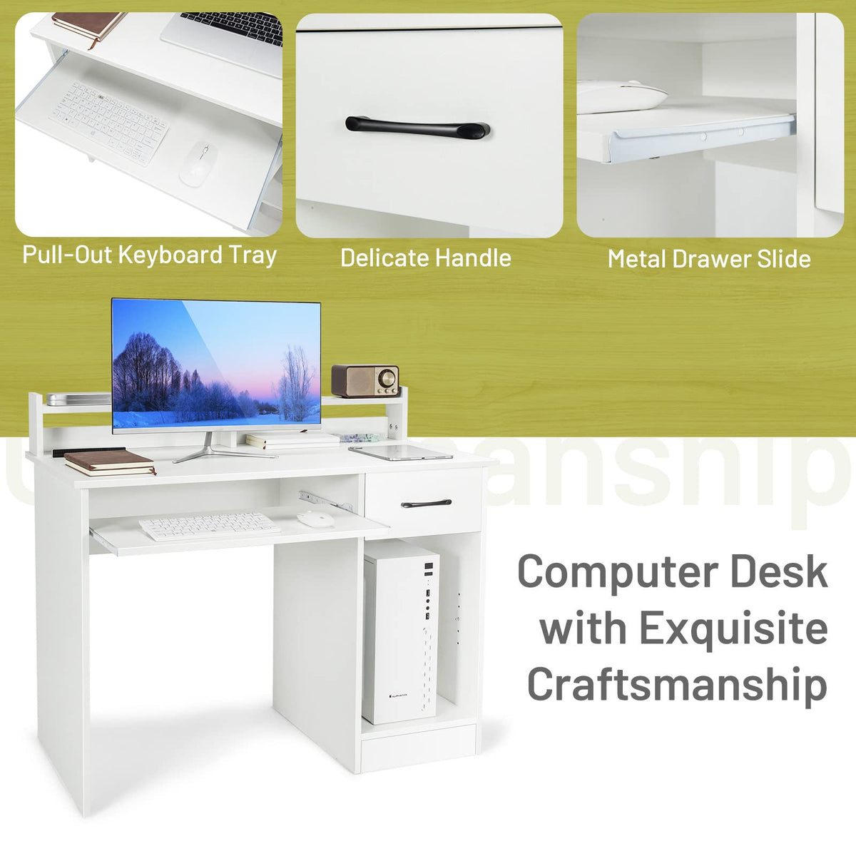 White Desk with Drawer and Keyboard Tray S152