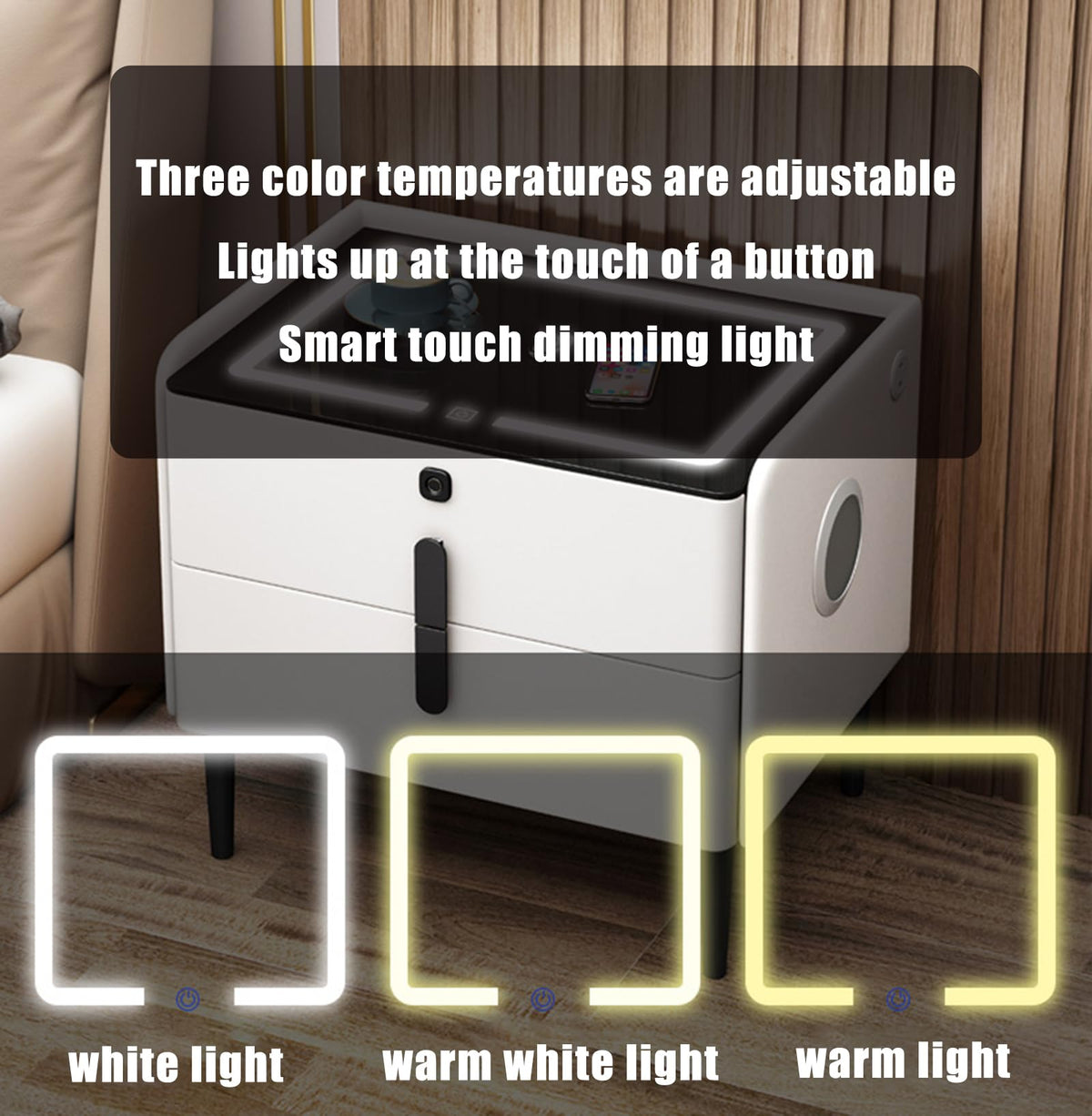 Gray 3 Tier Nightstand with Wireless Charging and Fingerprint Lock J1447