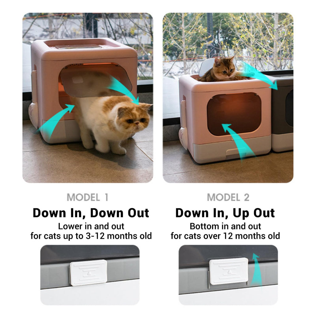 Foldable Top Entry Cat Litter Box with Lid and Scoop Large Size Pink W7443