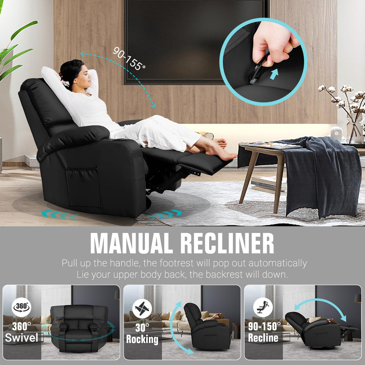 Black Faux Leather Massage Rocking Recliner Chair C7258