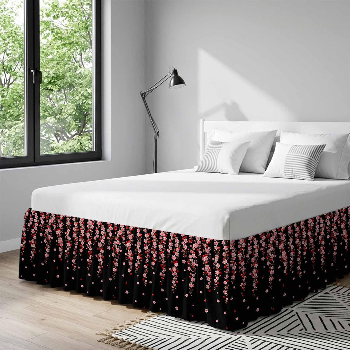 Pink Floral Ruffled Wrap Around Bed Skirt California King 18" Drop W250