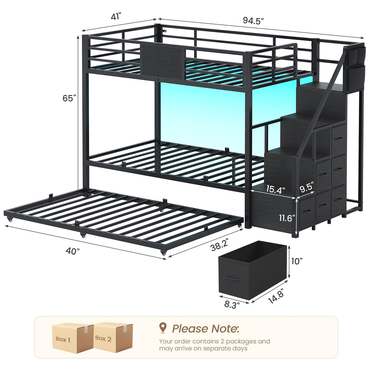 Twin Over Twin Bunk Bed with Trundle, Stairs, 6 Drawers, LED Lights O155559