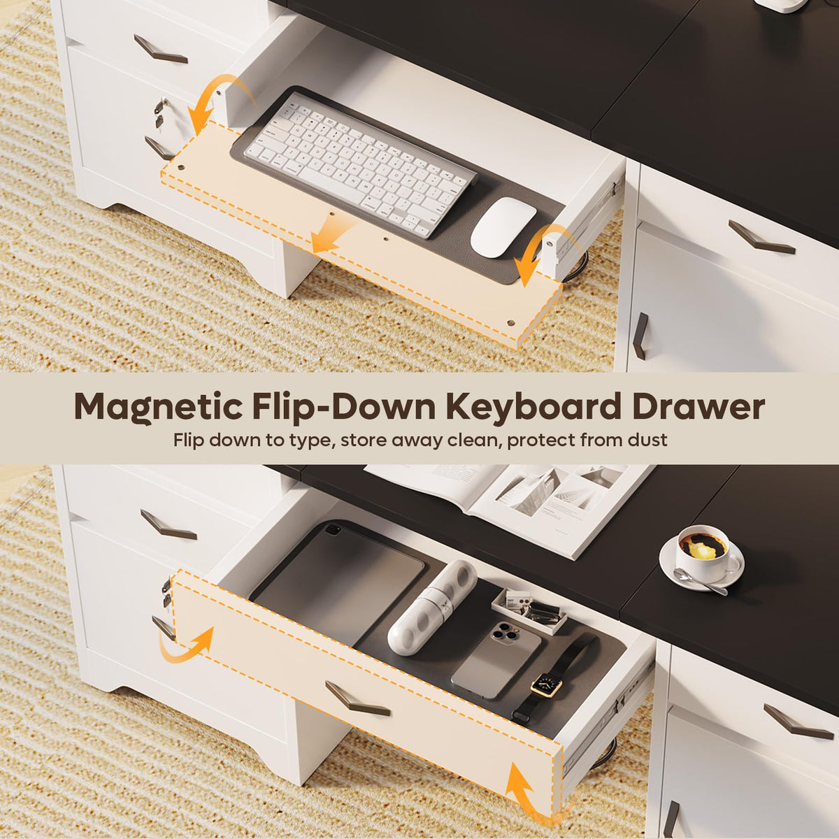 White Office Desk with Lockable Drawers and Charging Station B223