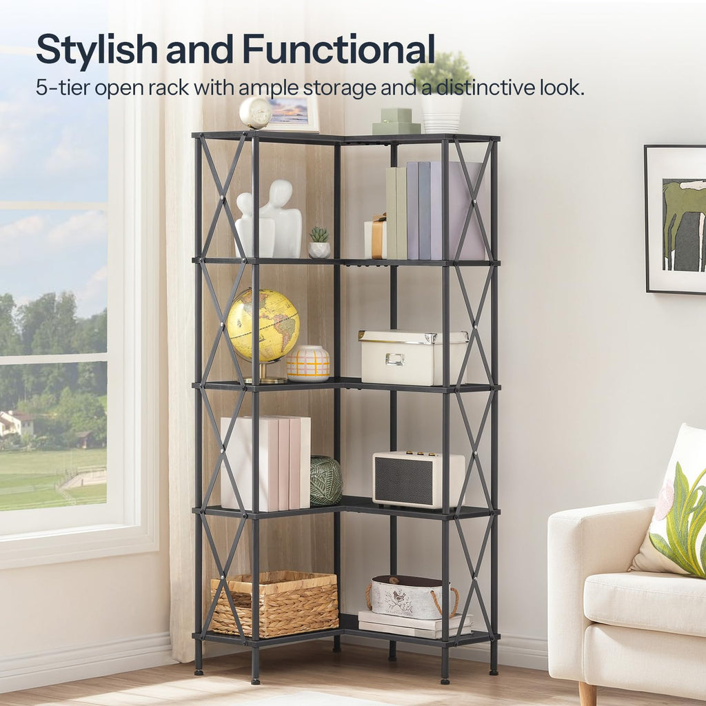 Black 5-Tier L-Shaped Corner Bookshelf X80751