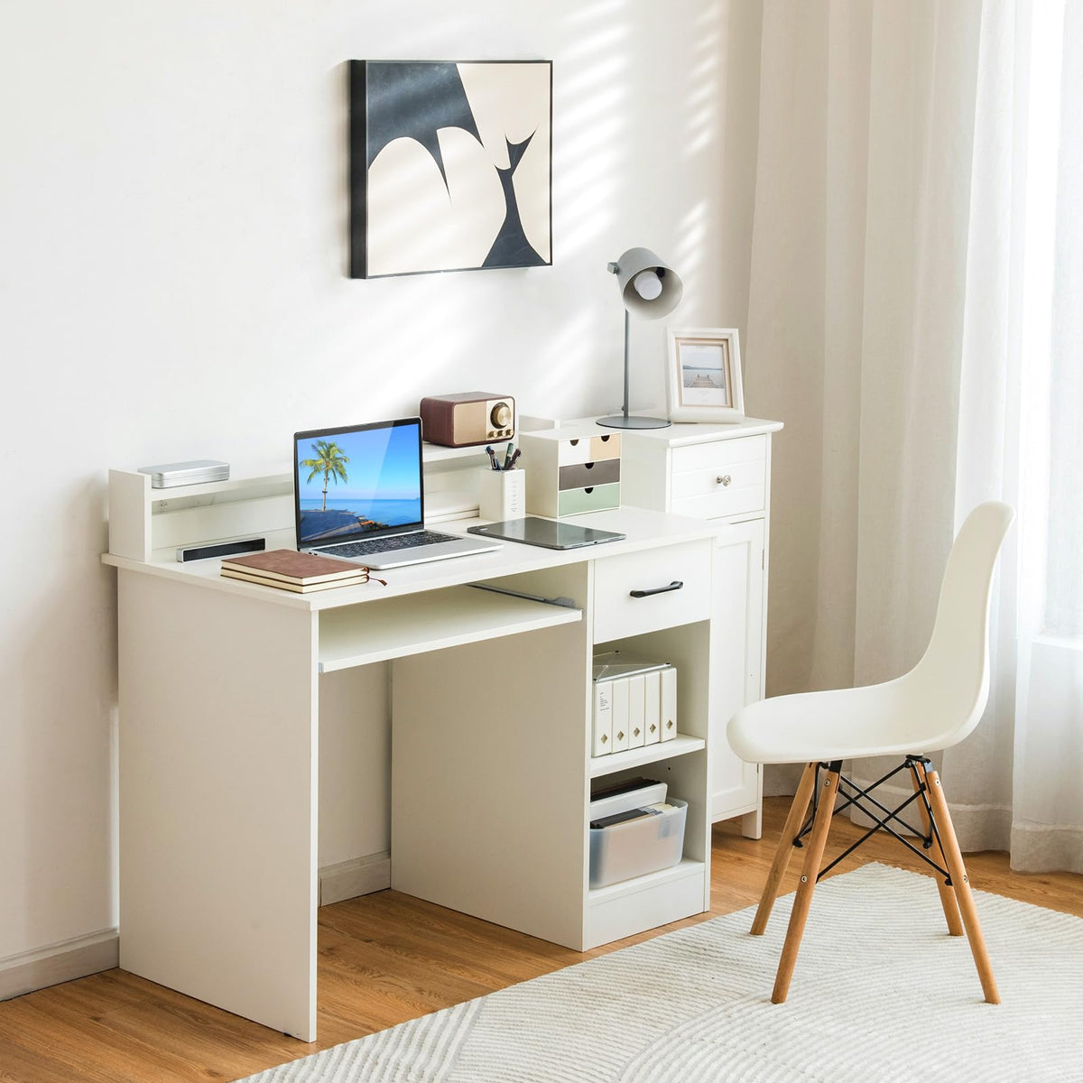 White Desk with Drawer and Keyboard Tray S152