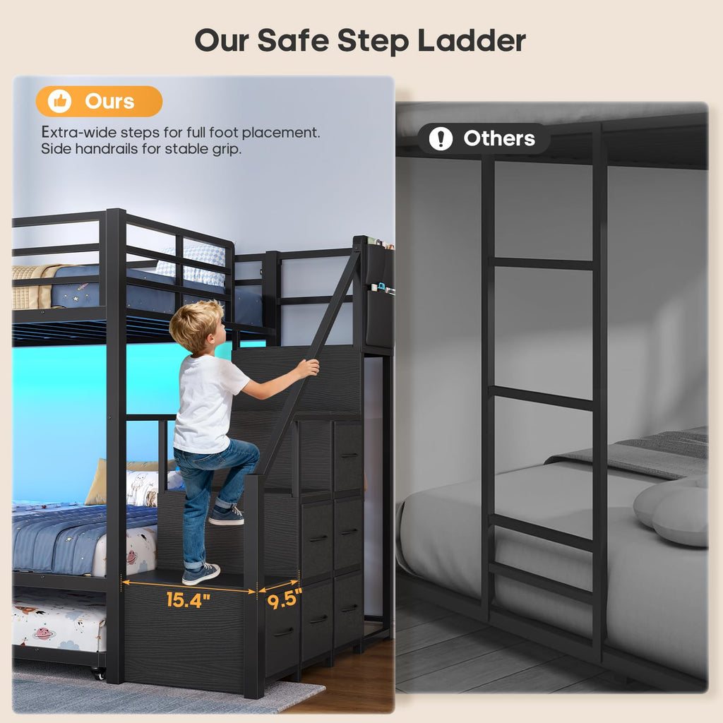 Twin Over Twin Bunk Bed with Trundle, Stairs, 6 Drawers, LED Lights O155559