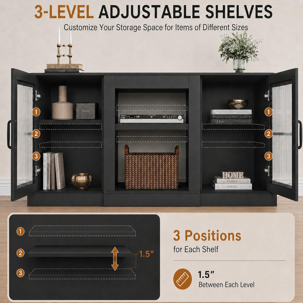 Black 58" TV Stand with Storage Cabinets and Adjustable Shelves A9714