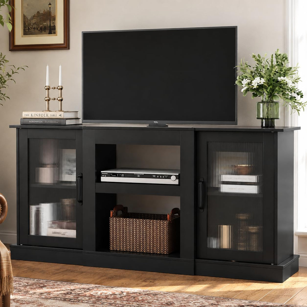 Black 58" TV Stand with Storage Cabinets and Adjustable Shelves A9714