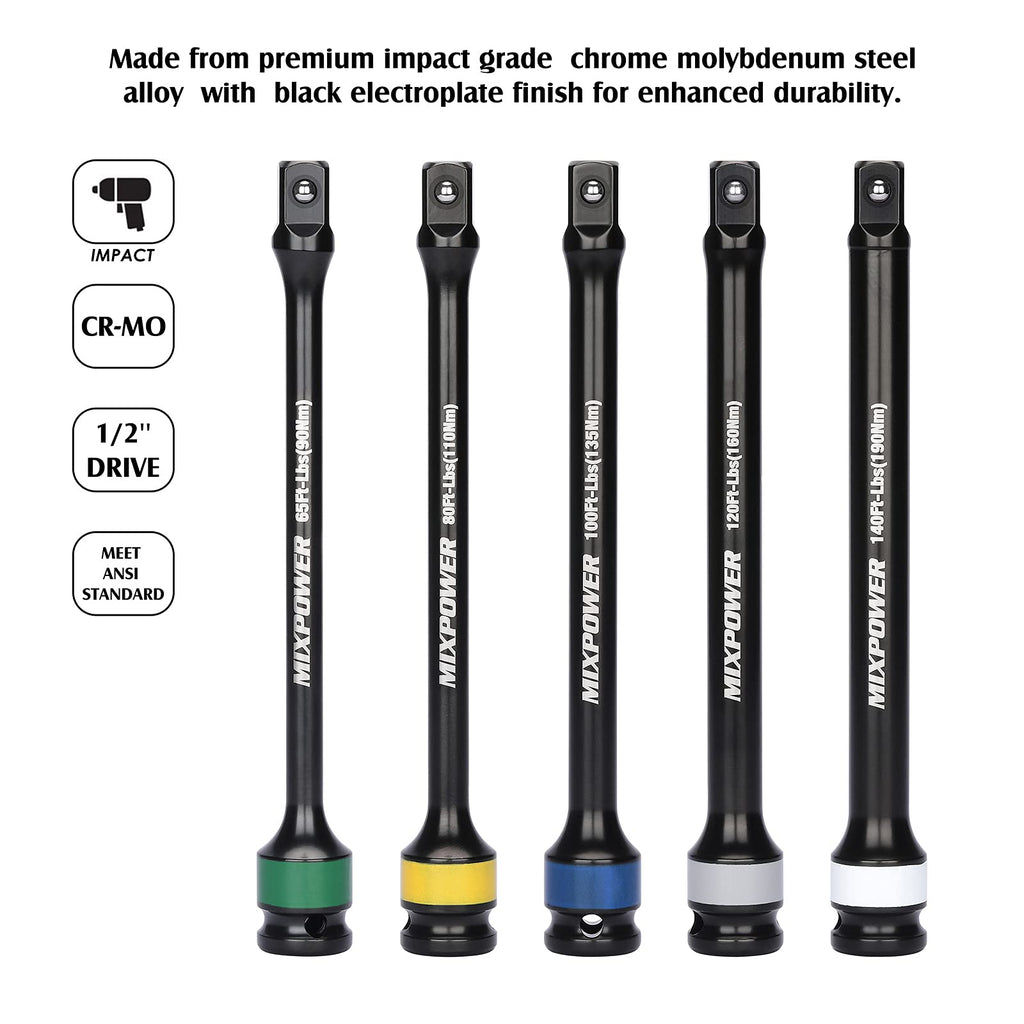 5 Piece 1/2" Drive Torque Limiting Socket Extension Bars P8238