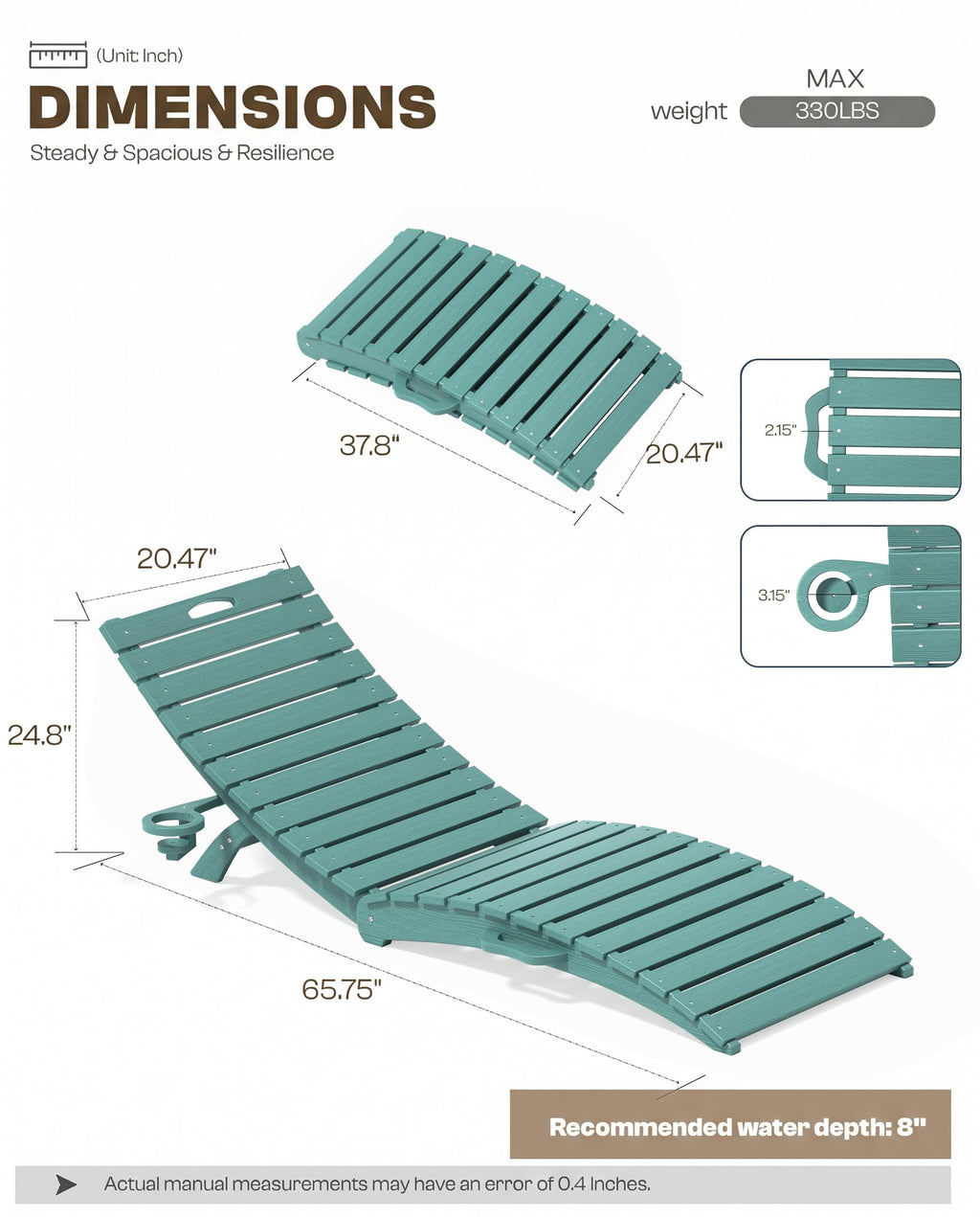 Blue HDPE Pool Chaise Lounge Chairs with Cup Holder, Set of 2 C686