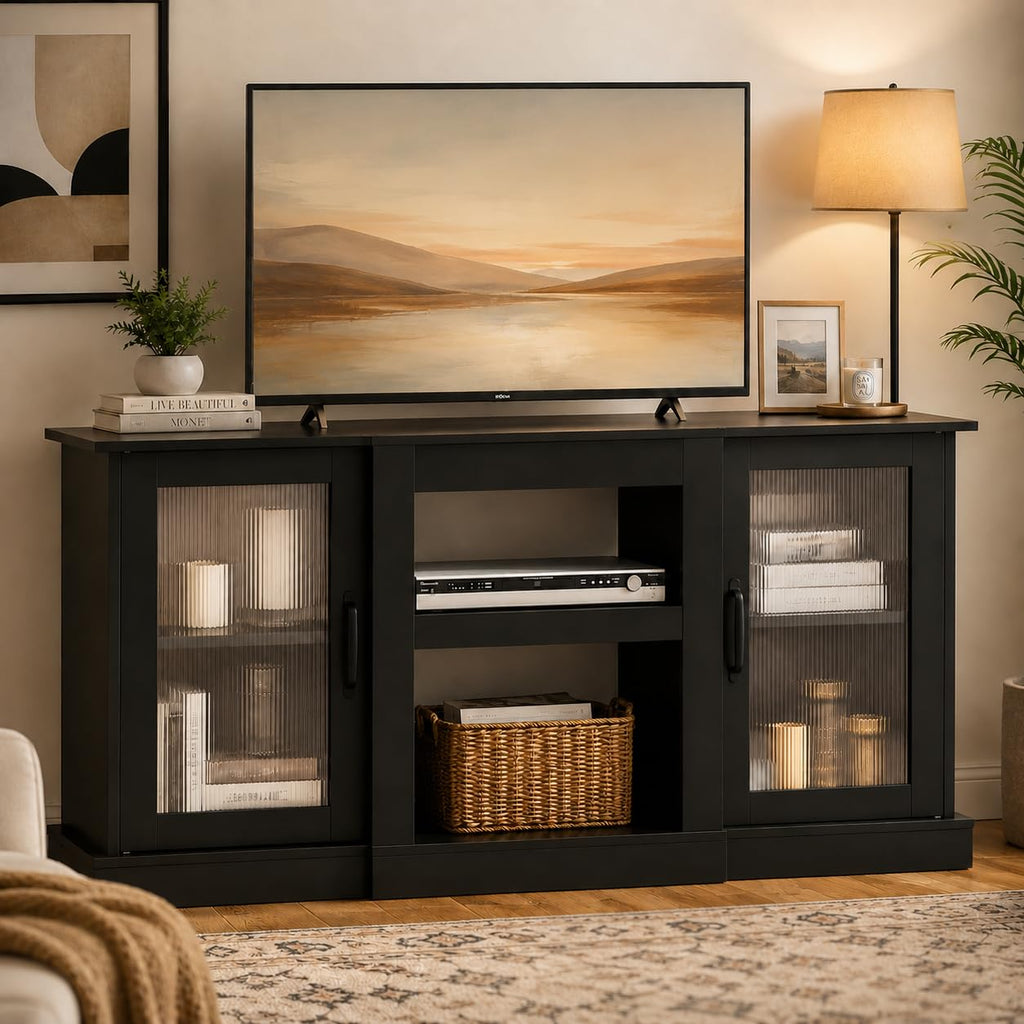 Black 58" TV Stand with Storage Cabinets and Adjustable Shelves A9714