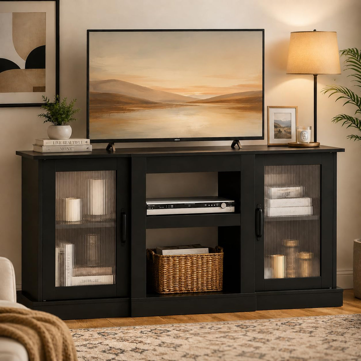 Black 58" TV Stand with Storage Cabinets and Adjustable Shelves A9714