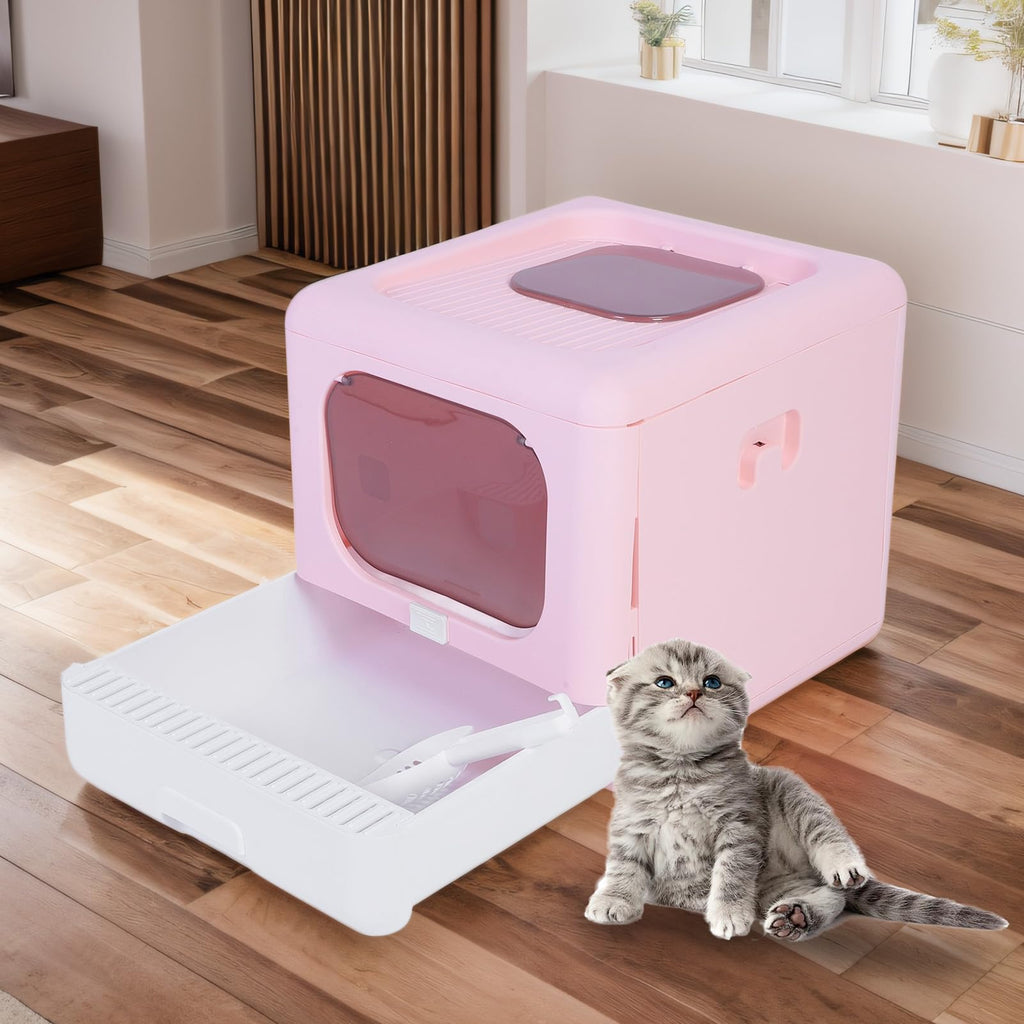 Foldable Top Entry Cat Litter Box with Lid and Scoop Large Size Pink W7443