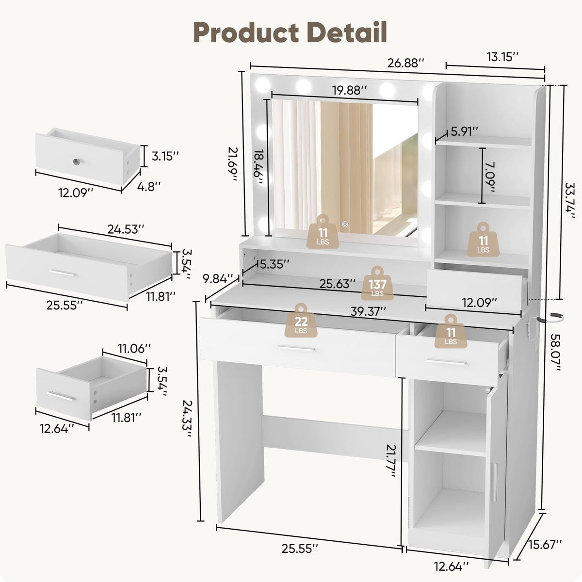 Makeup Vanity Desk with Mirror and Lights M7565