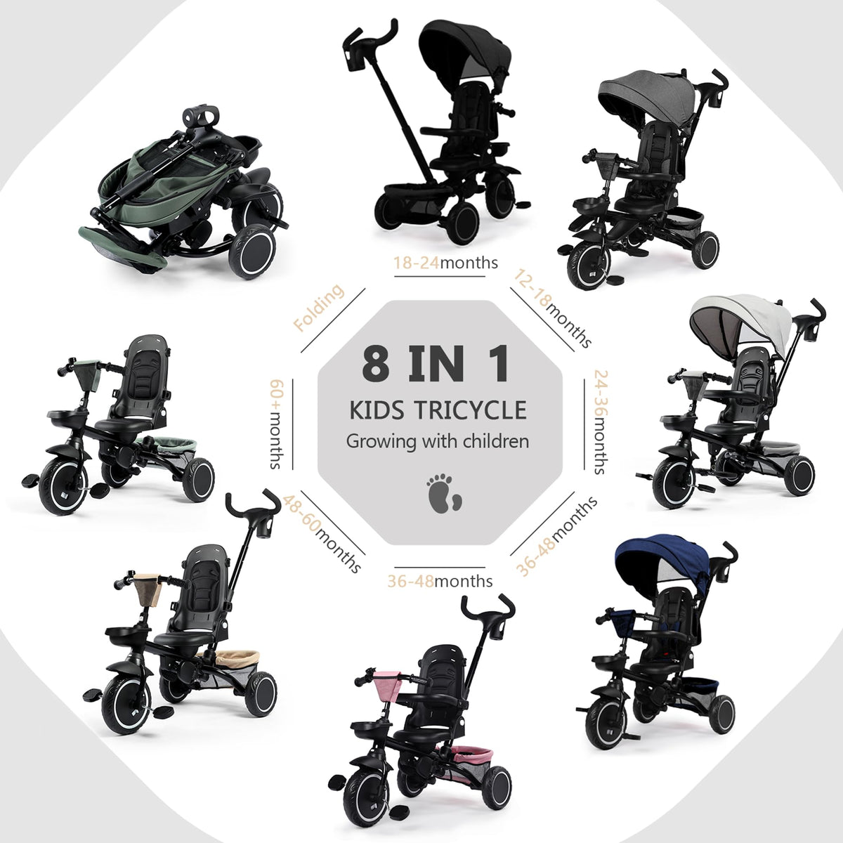 8 in 1 Toddler Tricycle with Push Handle B840