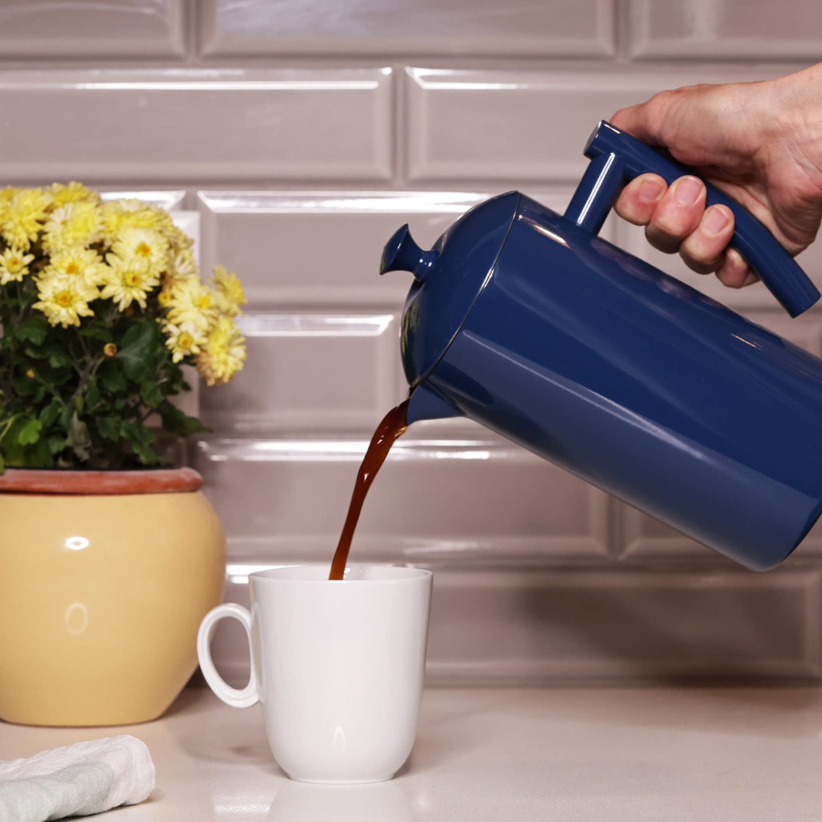 Double-Walled Stainless Steel French Press Coffee Maker, Navy, 34 fl oz O720513