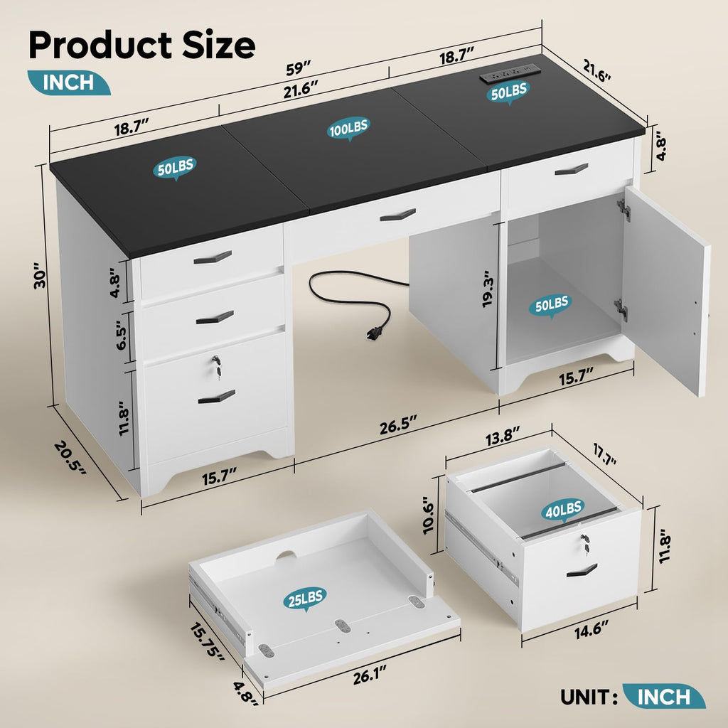 White Office Desk with Lockable Drawers and Charging Station B223