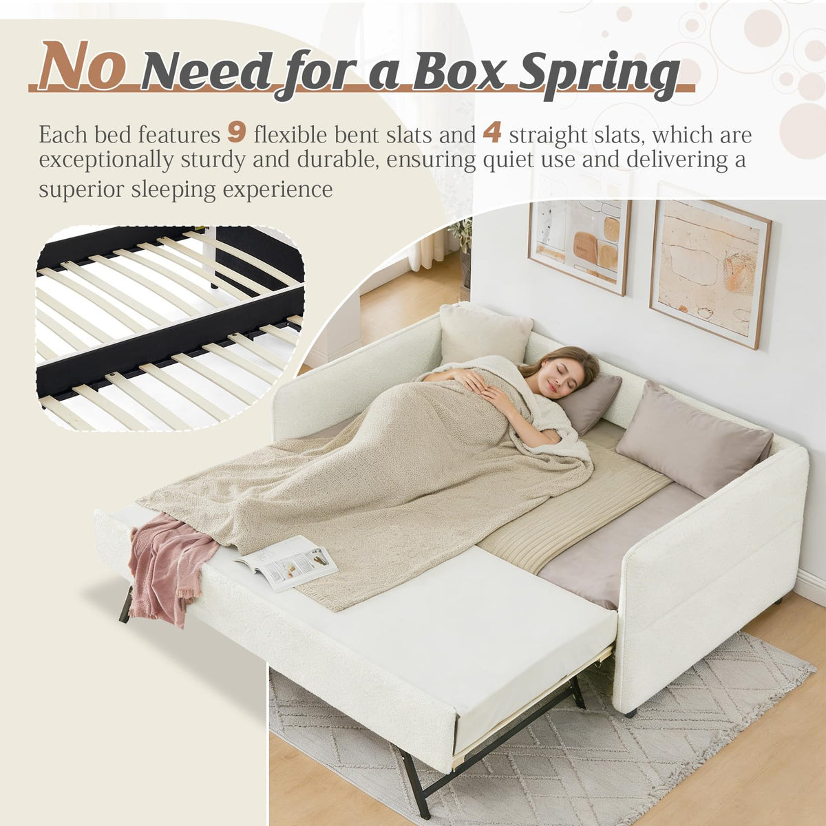 Twin Size Beige Boucle Upholstered Daybed with Trundle L903661