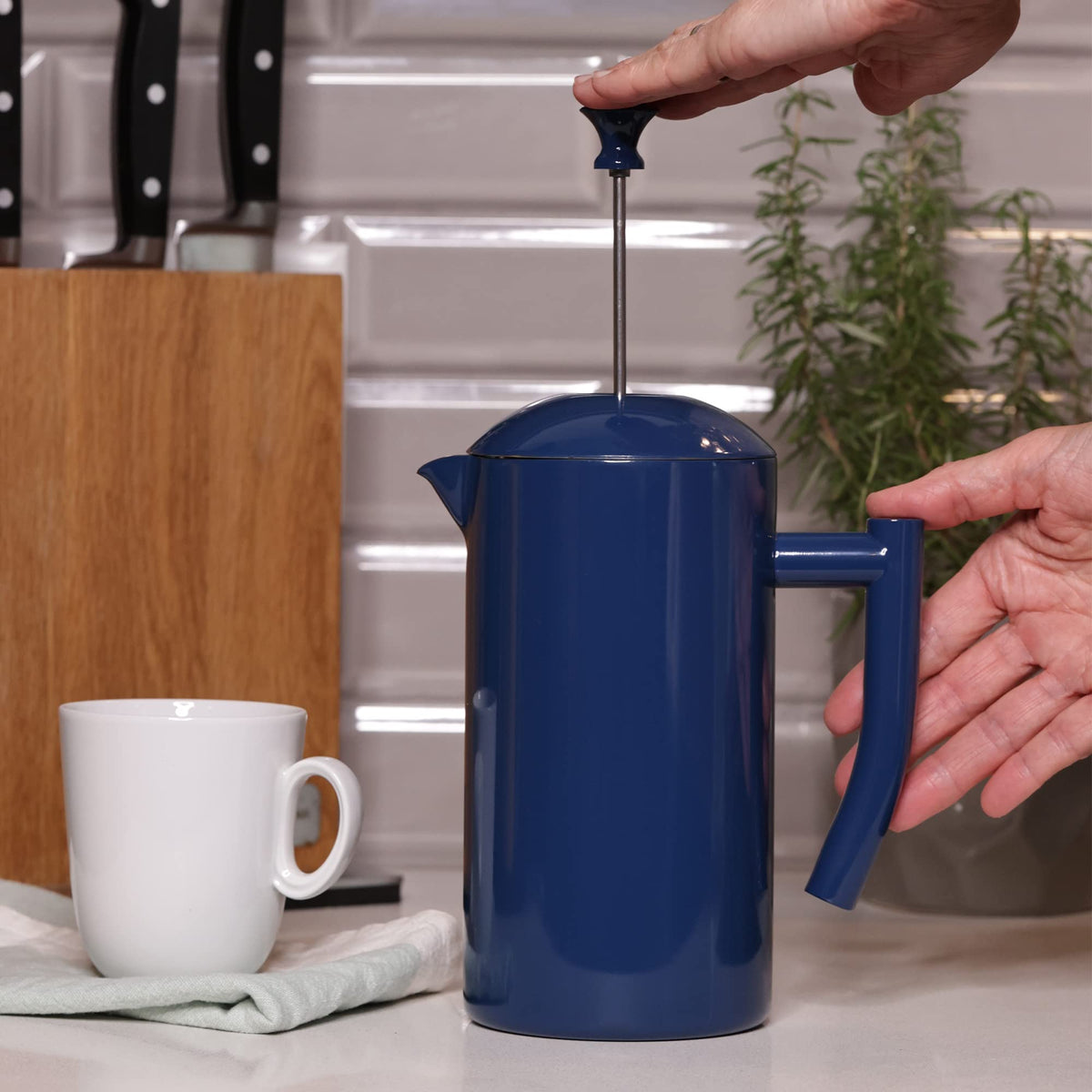 Double-Walled Stainless Steel French Press Coffee Maker, Navy, 34 fl oz O720513