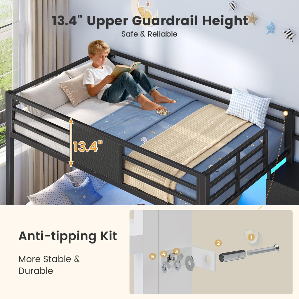 Twin Over Twin Bunk Bed with Trundle, Stairs, 6 Drawers, LED Lights O155559
