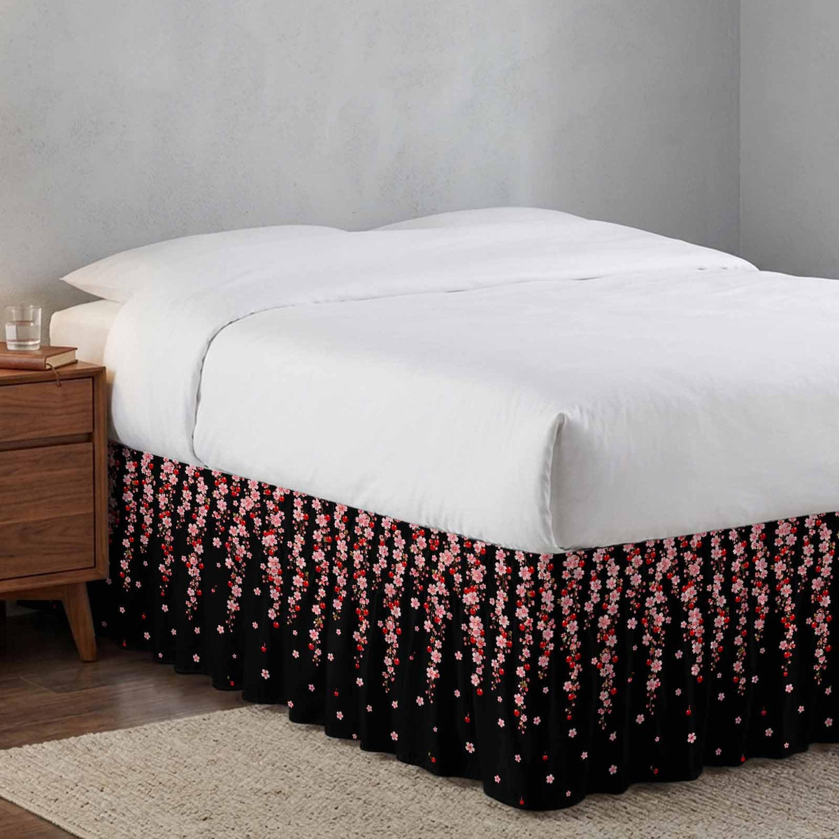 Pink Floral Ruffled Wrap Around Bed Skirt California King 18" Drop W250