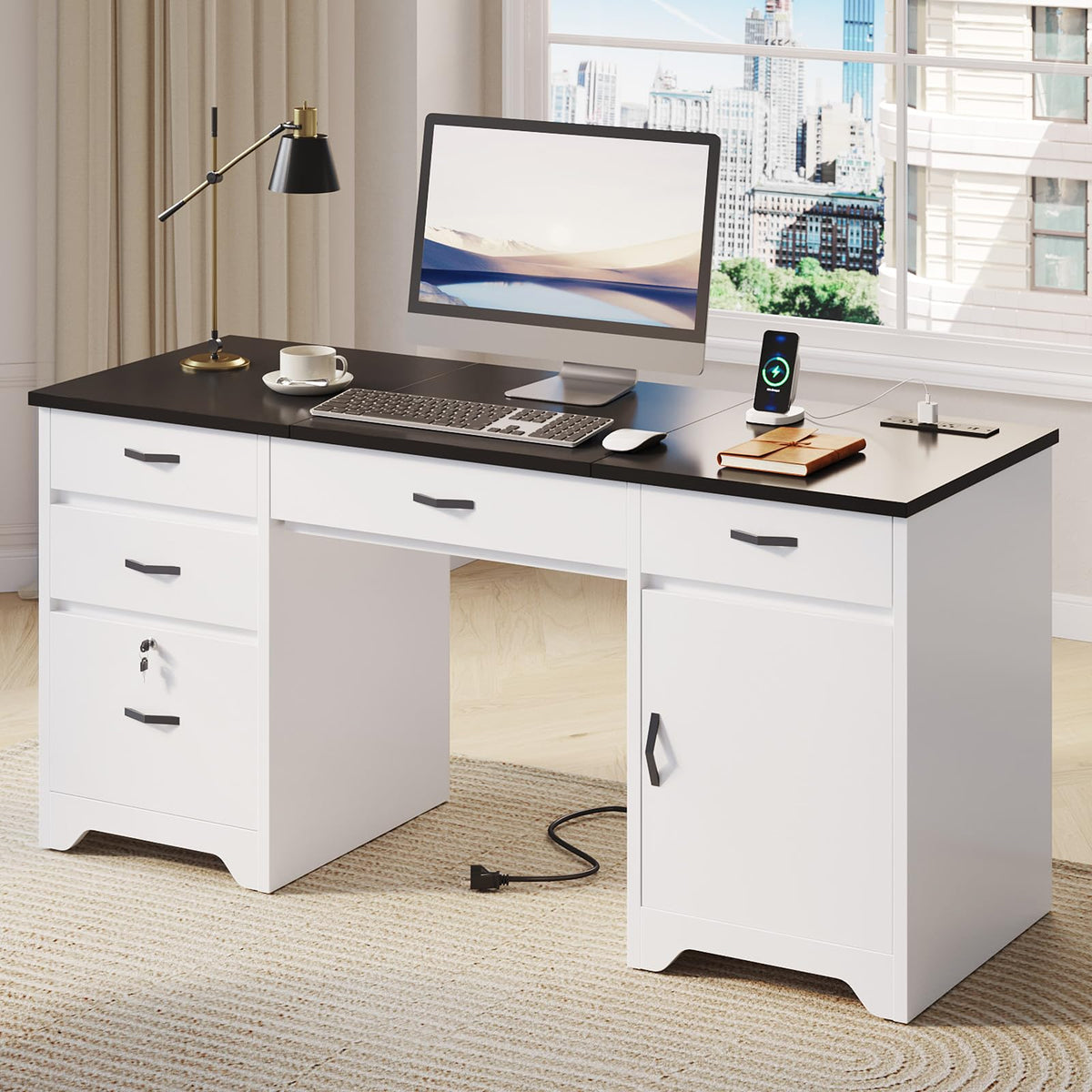 White Office Desk with Lockable Drawers and Charging Station B223