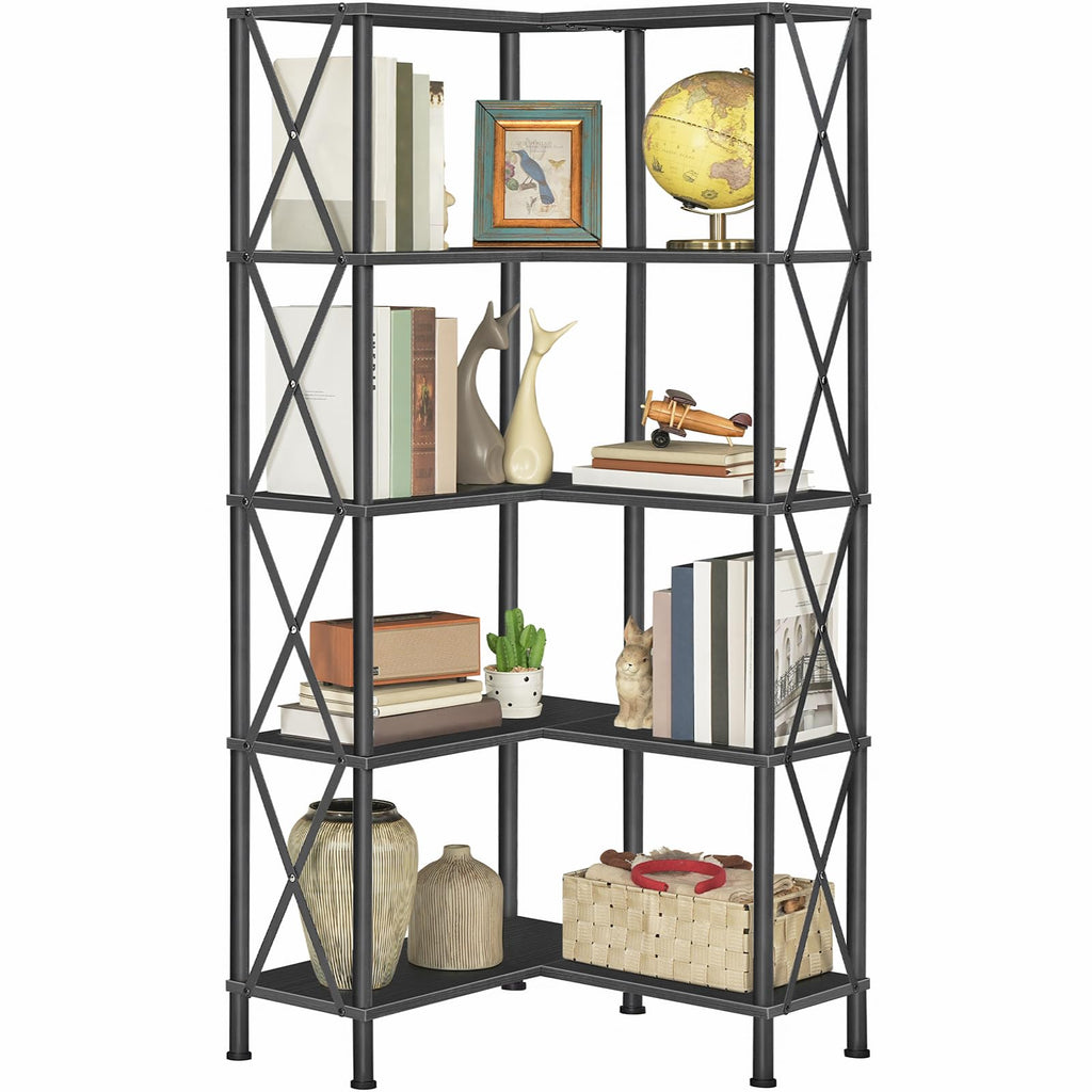 Black 5-Tier L-Shaped Corner Bookshelf X80751