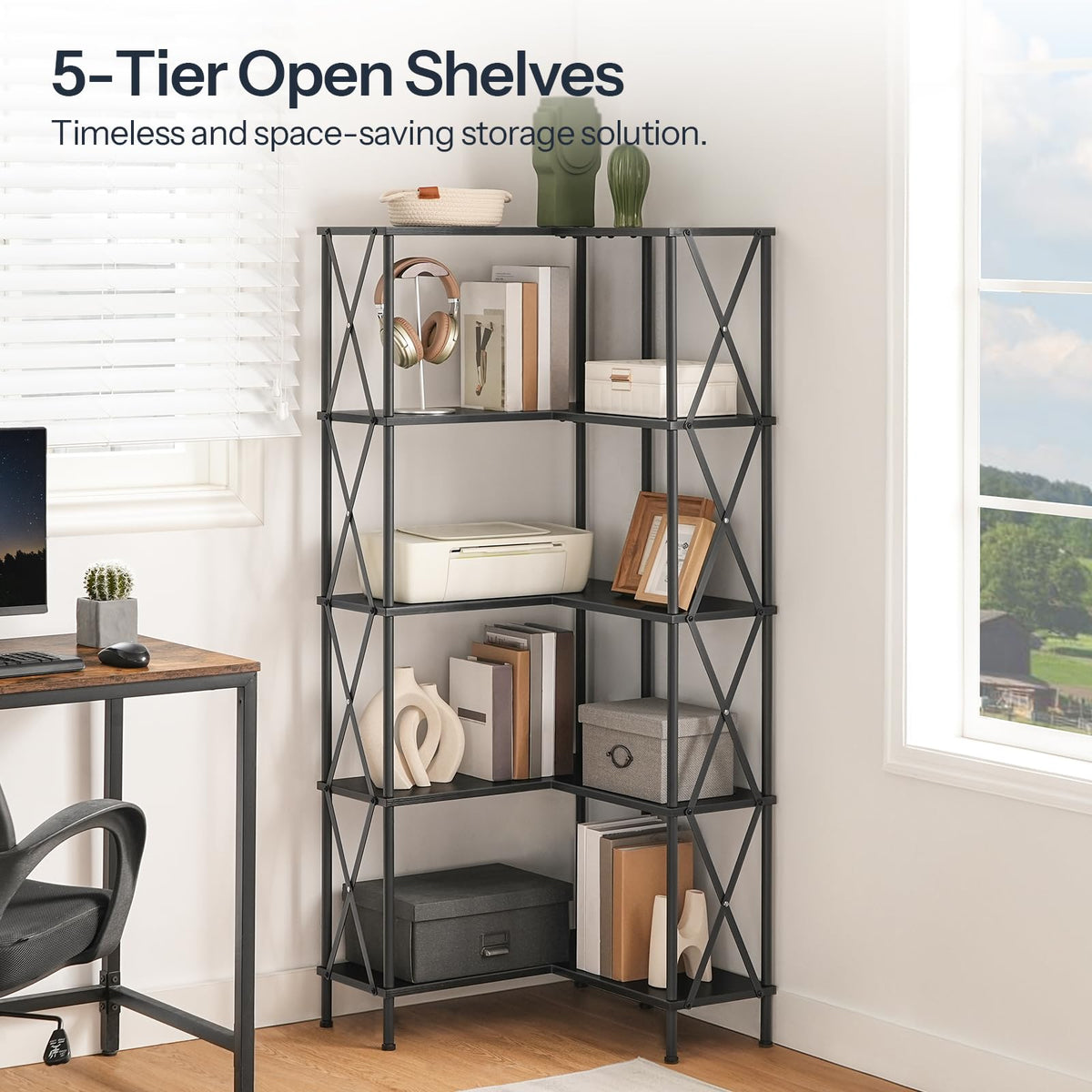 Black 5-Tier L-Shaped Corner Bookshelf X80751