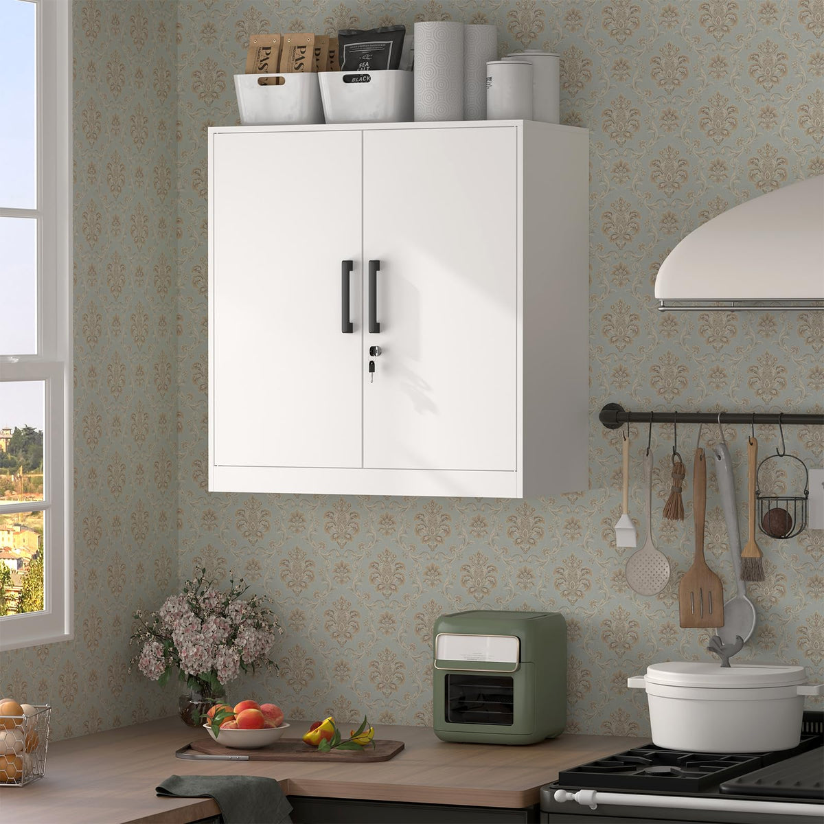 Lockable White Wall Cabinet with Adjustable Shelf T798