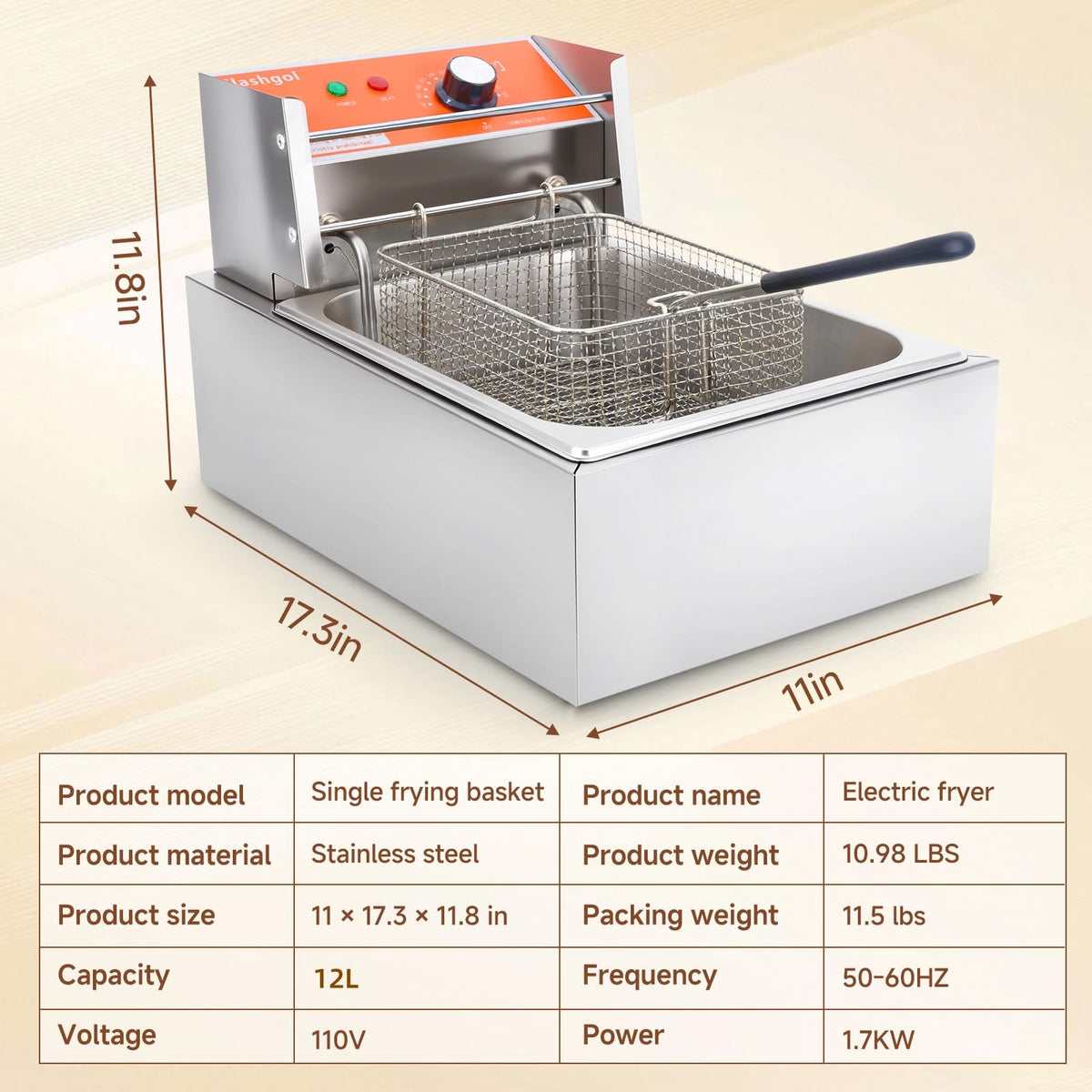 1700W 12L Stainless Steel Electric Deep Fryer with Basket and Lid M246