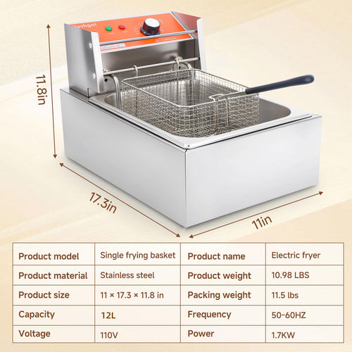 1700W 12L Stainless Steel Electric Deep Fryer with Basket and Lid M246
